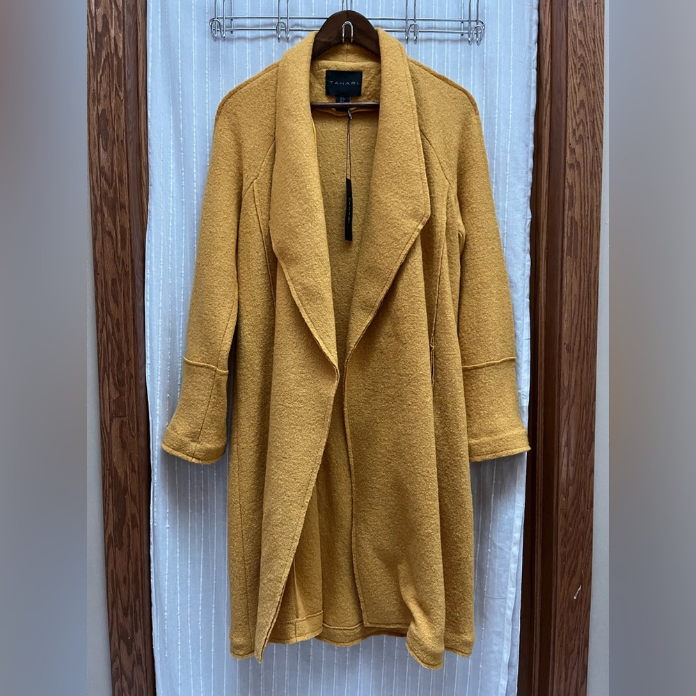 Tahari Boiled Wool Coat Golden Yellow Draped Open Long Duster Coatigan size S